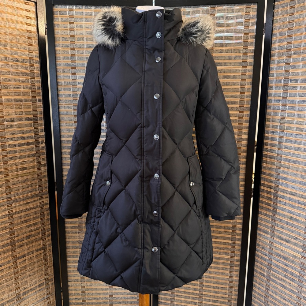 London Fog Quilted Down Parka Women Size M Black Faux Fur Hood Puffer Coat